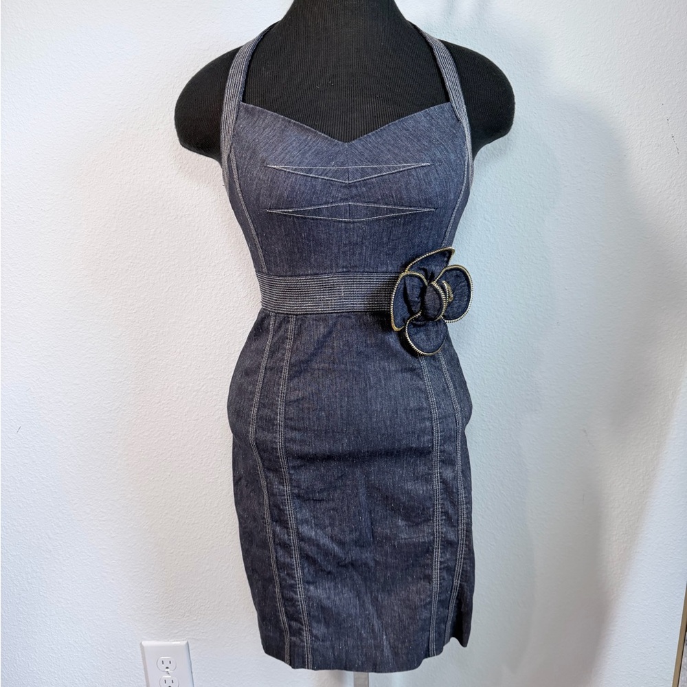 Bebe Y2K Denim Halter Mini Dress Size 0 Bodycon Flower Detail